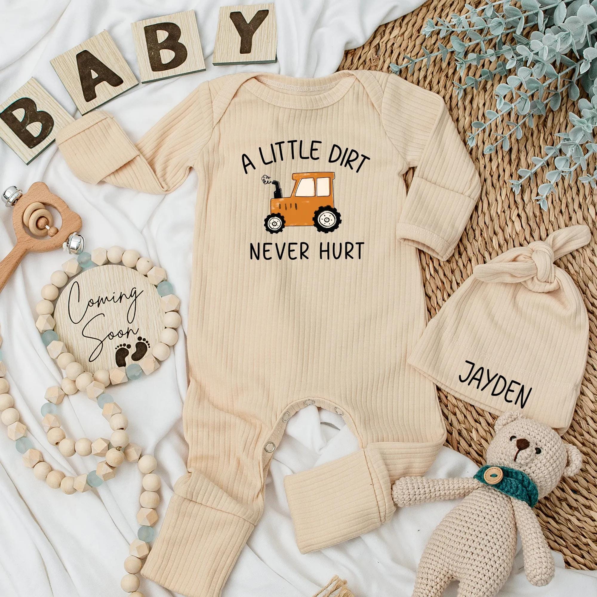 Custom A Little Dirt Baby Bodysuit Cute Tractor Country Boy Outfit Gift for Farm Life Fans Orange Black Graphics Cotton Comfortable