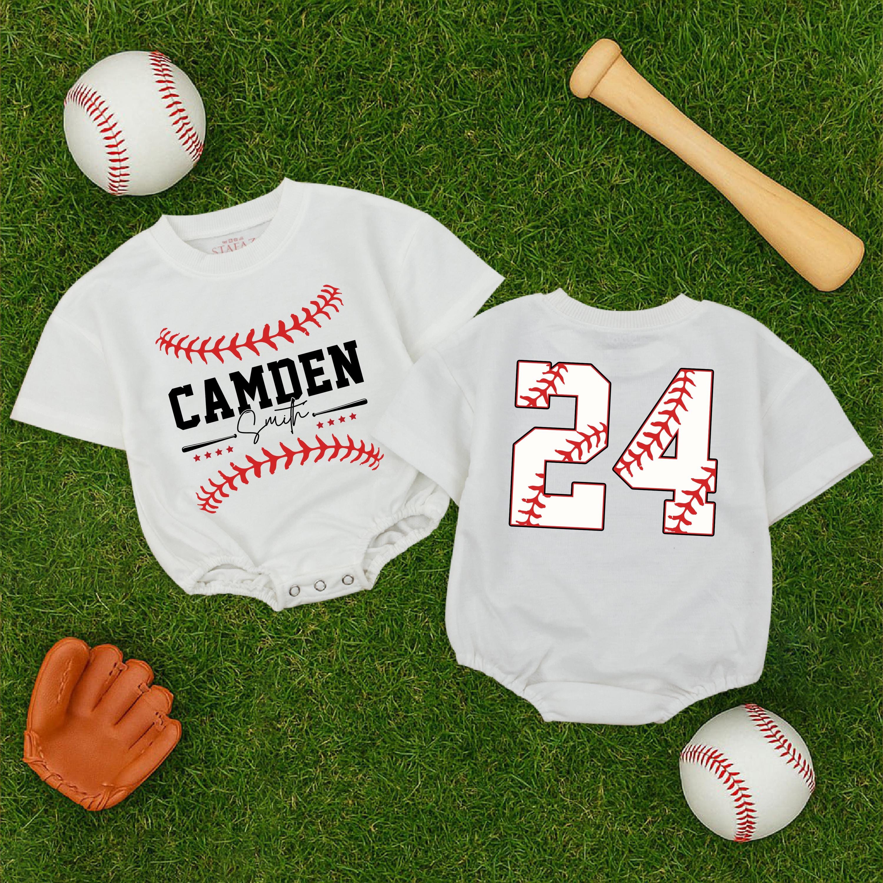 Custom Baseball Baby Romper with Name and Number Sporty Game Day Outfit for Boys Red Stitching Camden 24 Playful Gift Idea