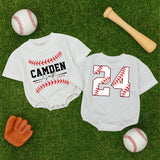 Custom Baseball Baby Romper with Name and Number Sporty Game Day Outfit for Boys Red Stitching Camden 24 Playful Gift Idea
