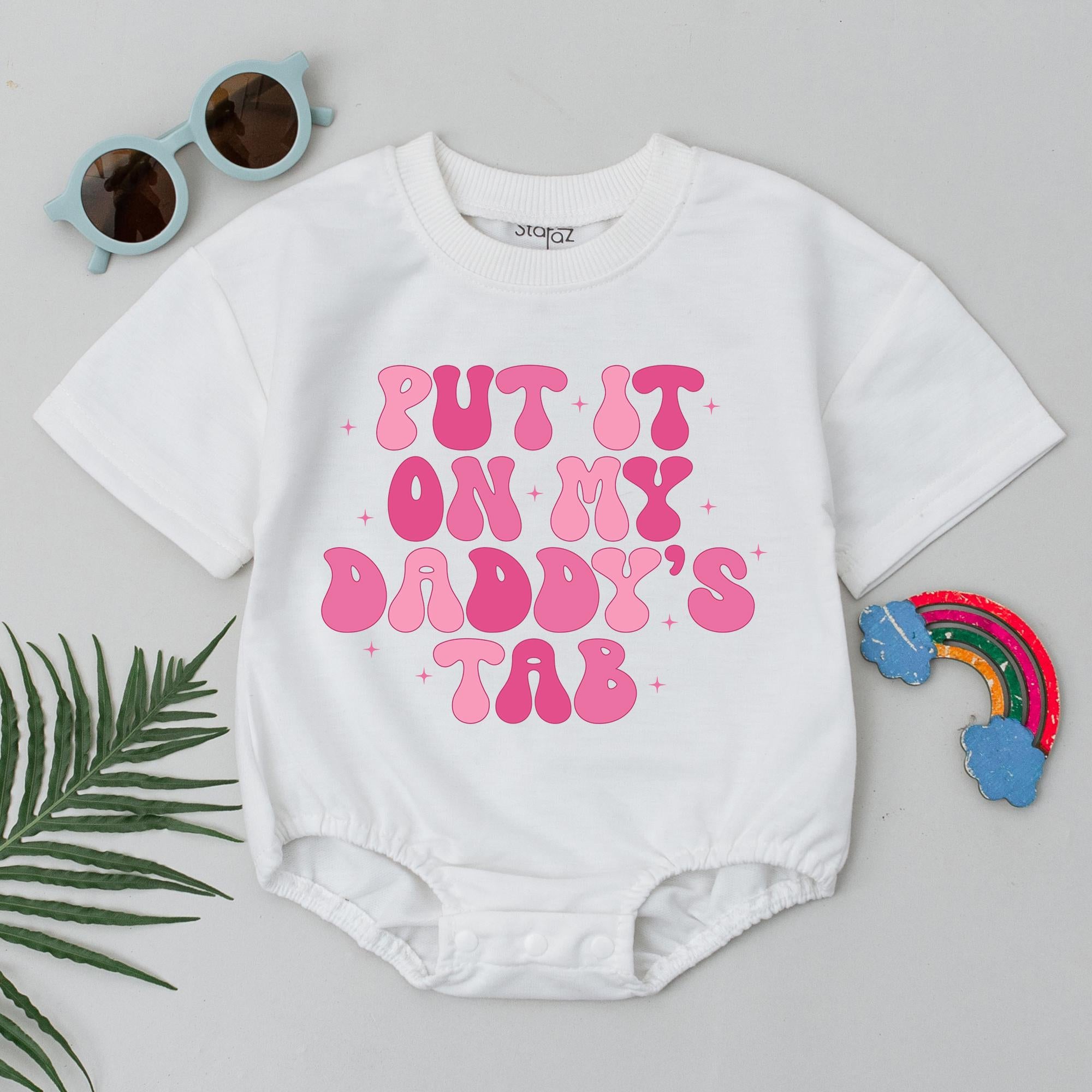 Put It On My Daddy's Tab Baby Romper Retro Style Outfit First Father's Day Gift Soft Cotton Newborn Girl Clothes Playful Pink Design