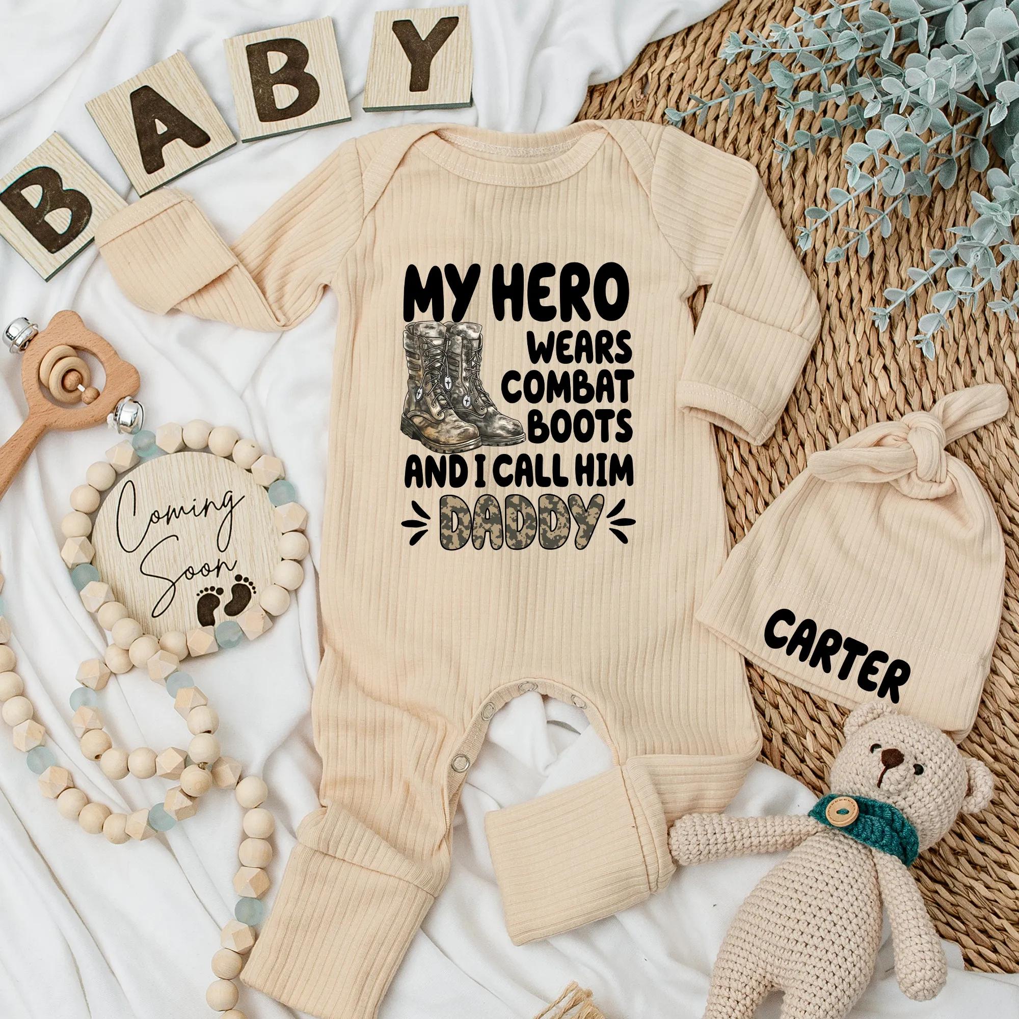 Personalized Baby Bodysuit My Hero Wears Combat Boots Daddy Outfit Soft Cotton Infant Military Gift