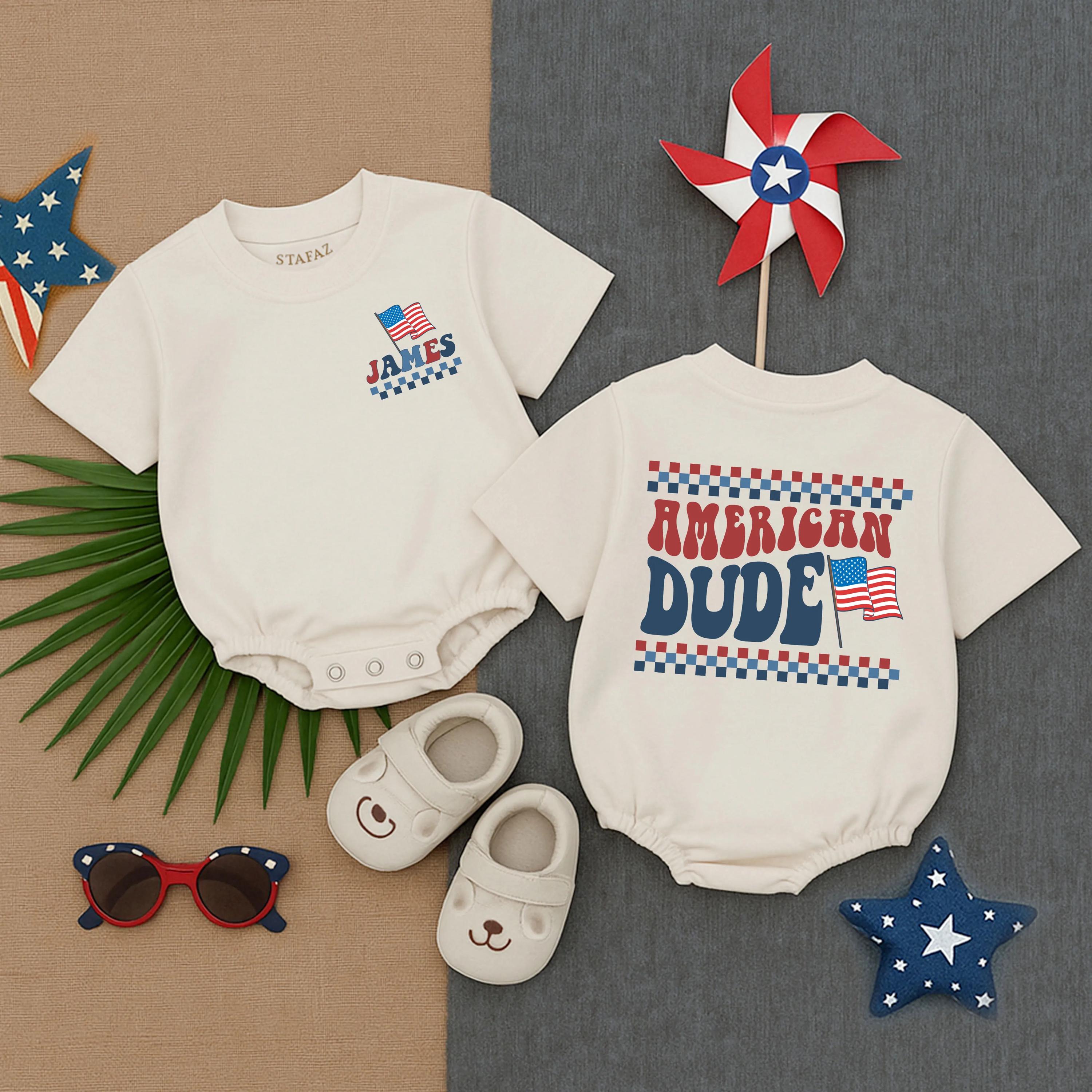 American Dude Baby Romper Red White Blue 4th of July Outfit Toddler Boy Patriotic Clothes Soft Cotton Summer USA Gift Personalize