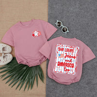 She Loves Jesus and America Too Romper Patriotic Baby Girl Outfit USA Christian Summer Clothes Short Sleeve Infant Birthday Gift