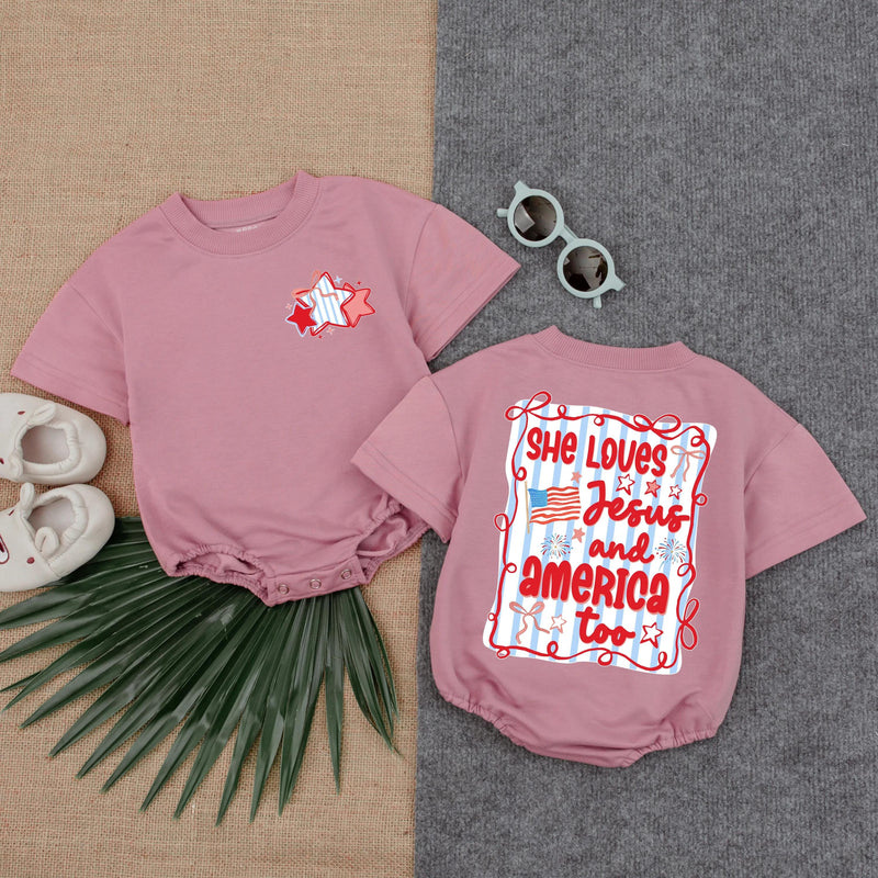She Loves Jesus and America Too Romper Patriotic Baby Girl Outfit USA Christian Summer Clothes Short Sleeve Infant Birthday Gift