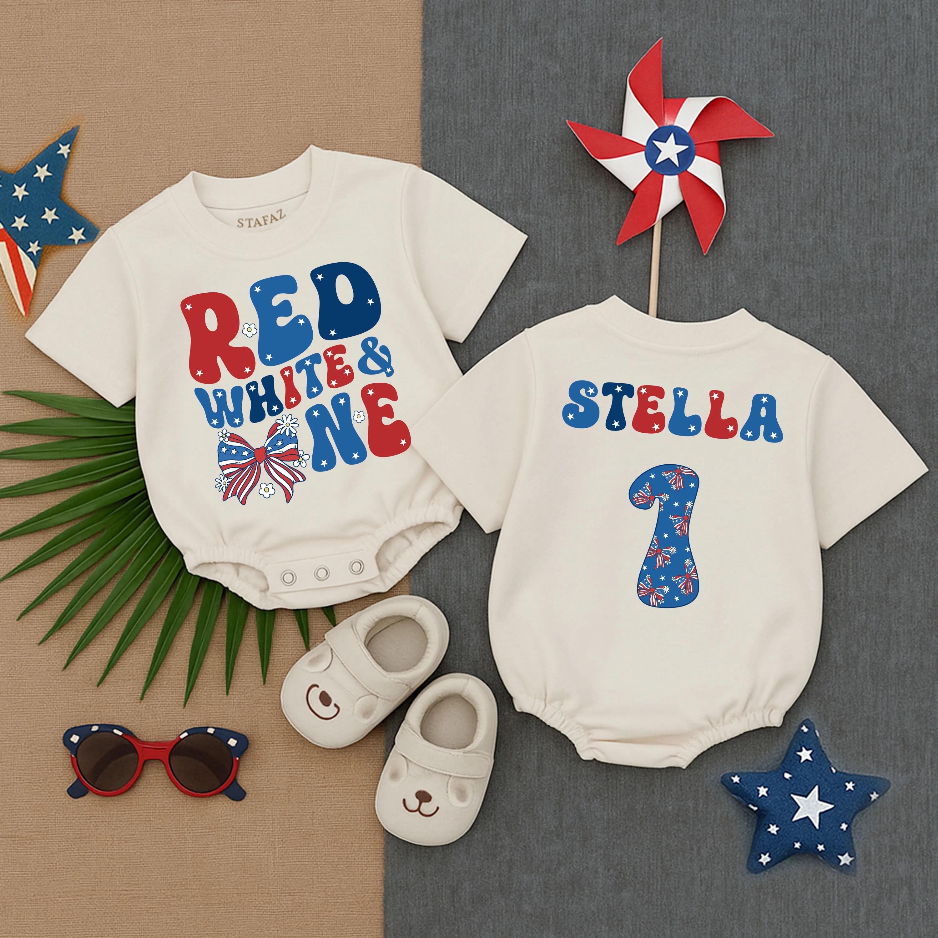 Custom Baby Girl Birthday Romper Red White One Design Stella 1st Party Outfit Soft Cotton Summer Gift July 4th Infant Clothes