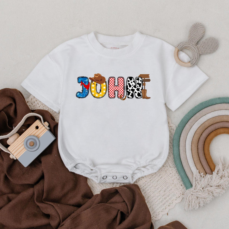 Personalized Cowboy Romper with Retro Western Patterns Fun First Birthday Outfit for Baby Boys Comfortable Cotton Playful Design