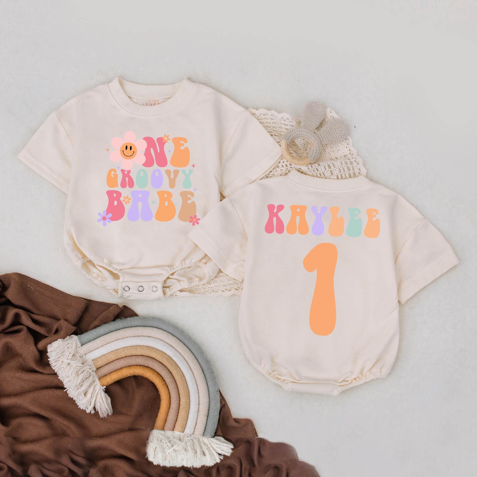 Personalized One Groovy Babe Birthday Romper Retro 70s Baby Girl Outfit First Birthday Custom Gift Colorful Flowers and Smiley 130 Characters