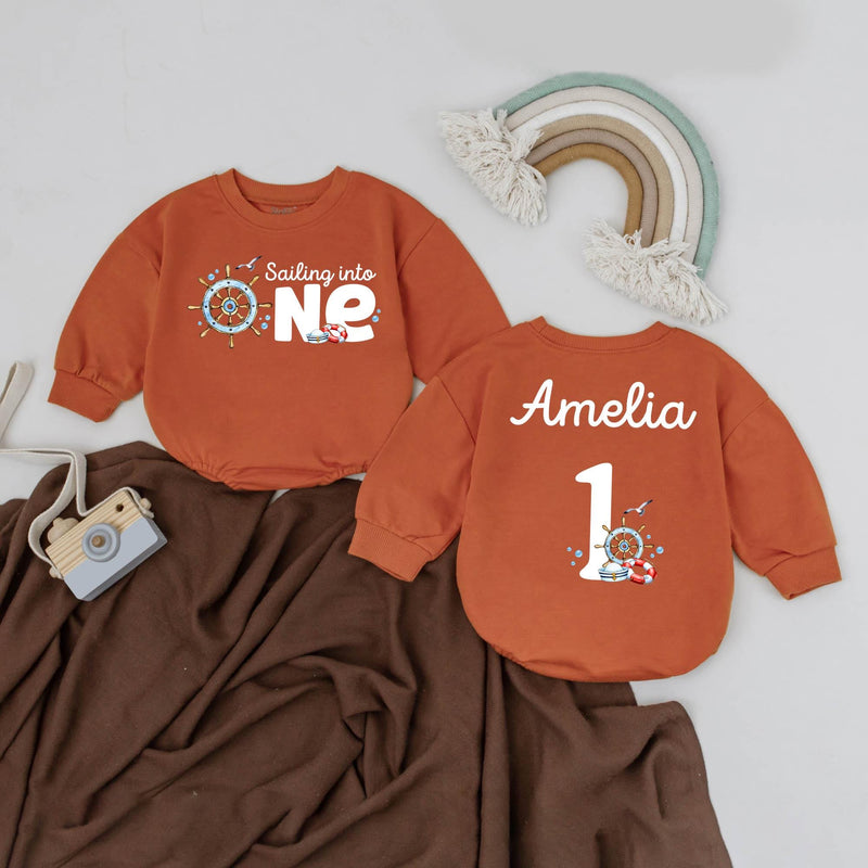 Custom Sailing Into ONE Romper Baby Birthday Outfit Beach Ocean Theme Personalized Amelia's 1st Celebration Nautical Gift