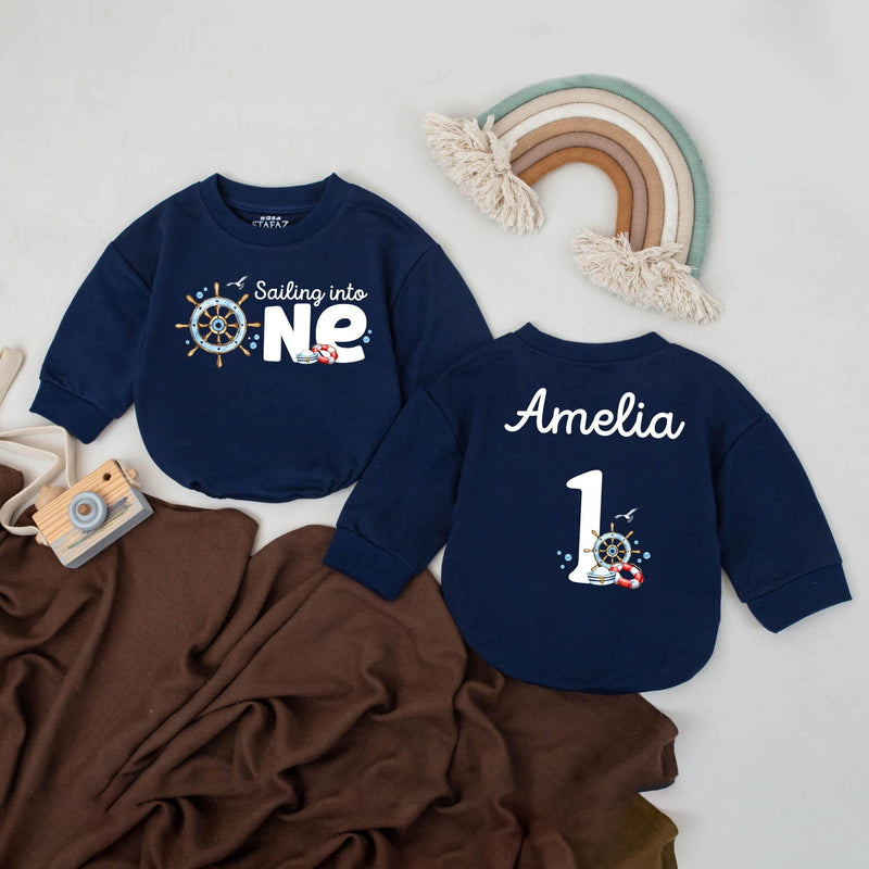 Custom Sailing Into ONE Romper Baby Birthday Outfit Beach Ocean Theme Personalized Amelia's 1st Celebration Nautical Gift