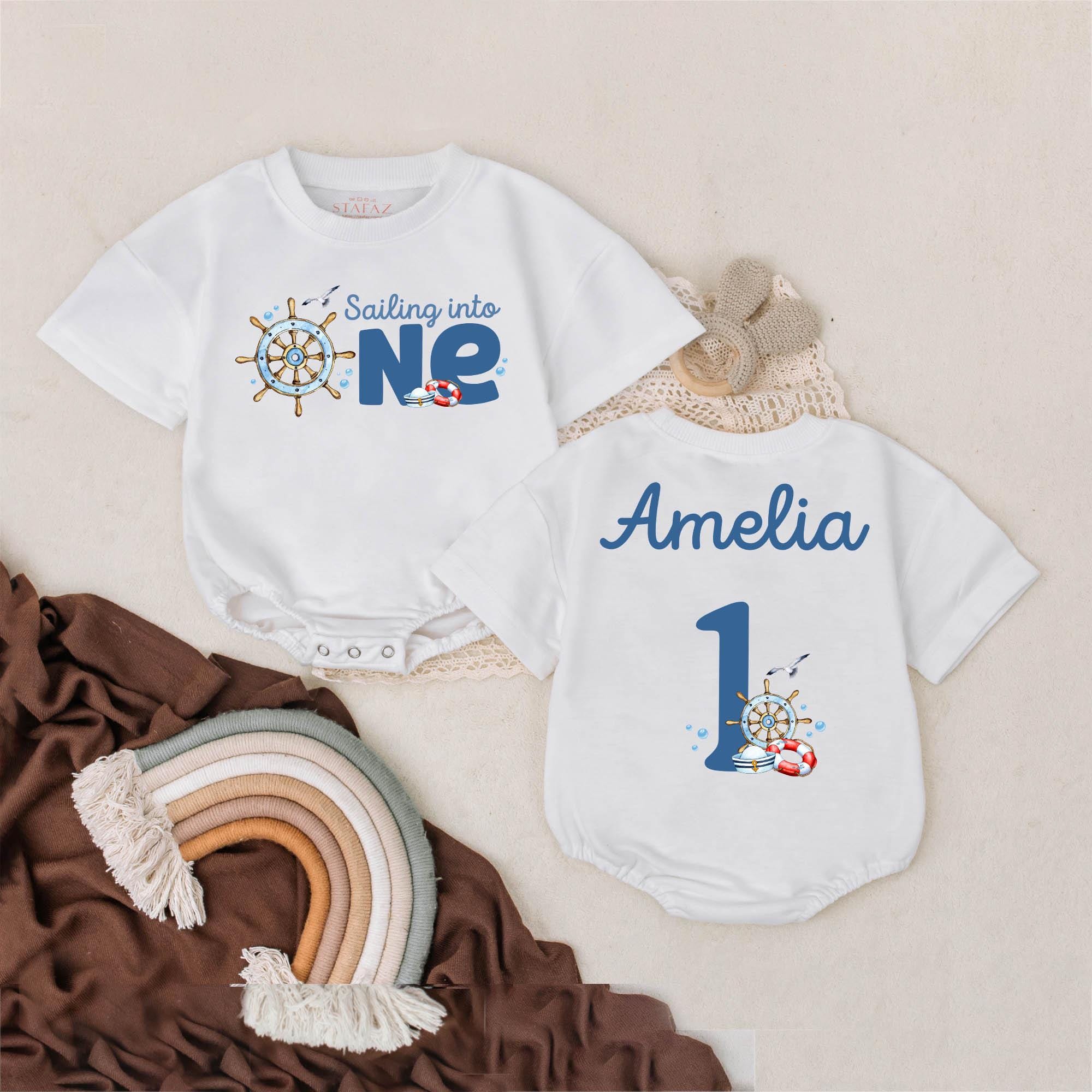 Custom Sailing Into ONE Romper Baby Birthday Outfit Beach Ocean Theme Personalized Amelia's 1st Celebration Nautical Gift