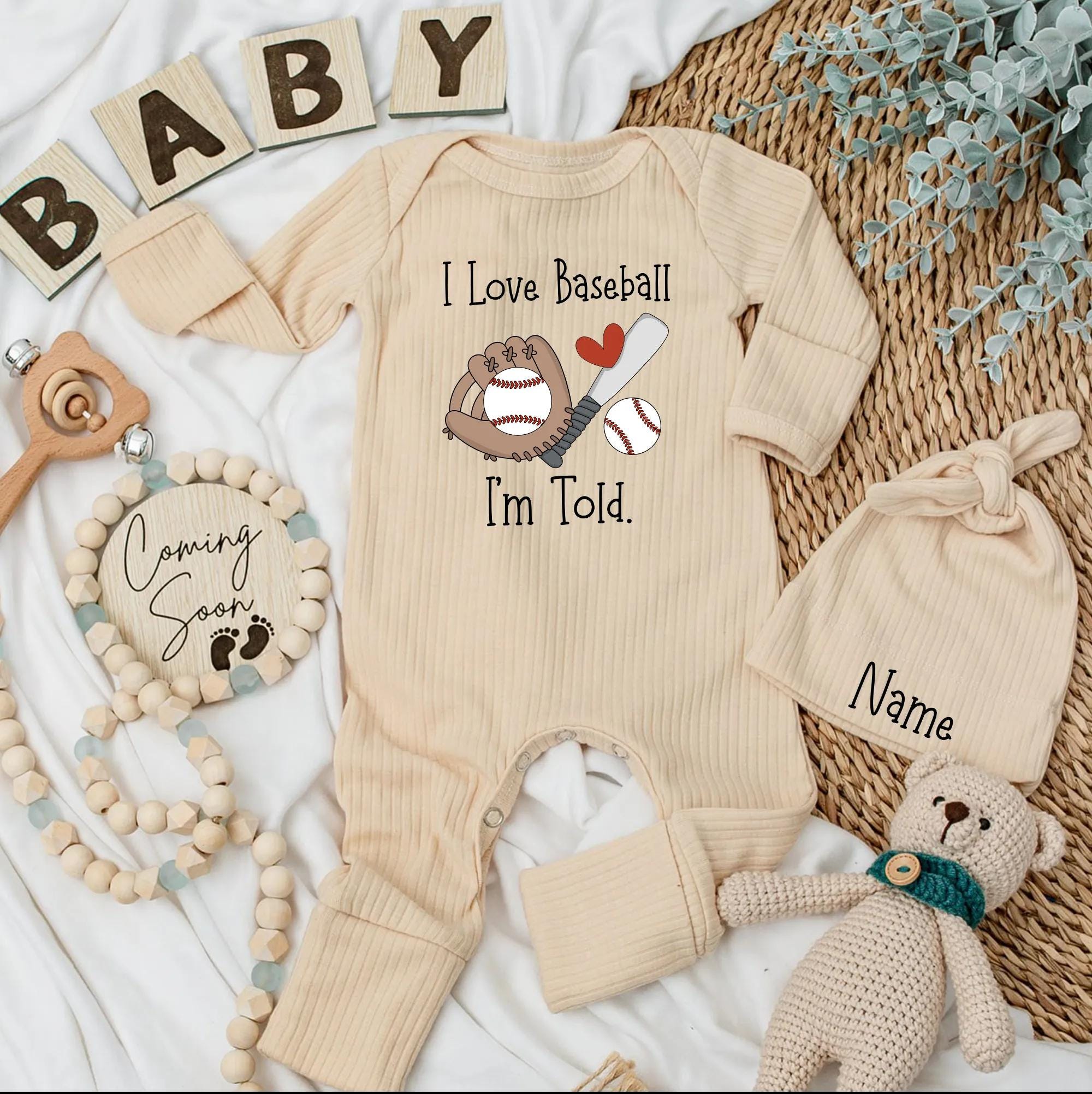 I Love Baseball Baby Bodysuit Funny Sports Fan Outfit for Infant Boy Cute Newborn Gift Neutral Colors Red Heart Design Cotton