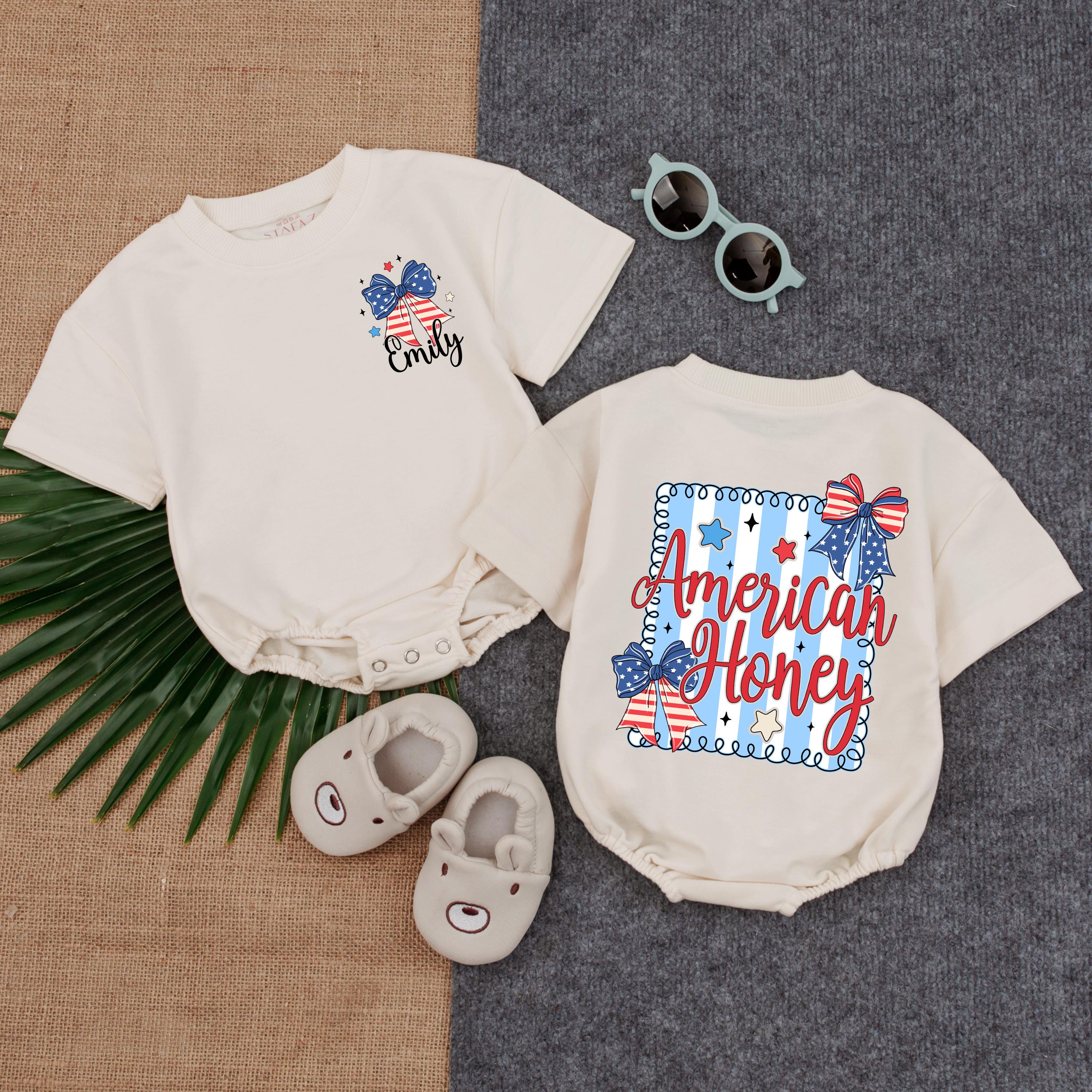 American Honey Baby Girl Romper Fourth of July Outfit Patriotic Stars Bows Red White Blue Summer Infant Girl Clothes Soft Cotton