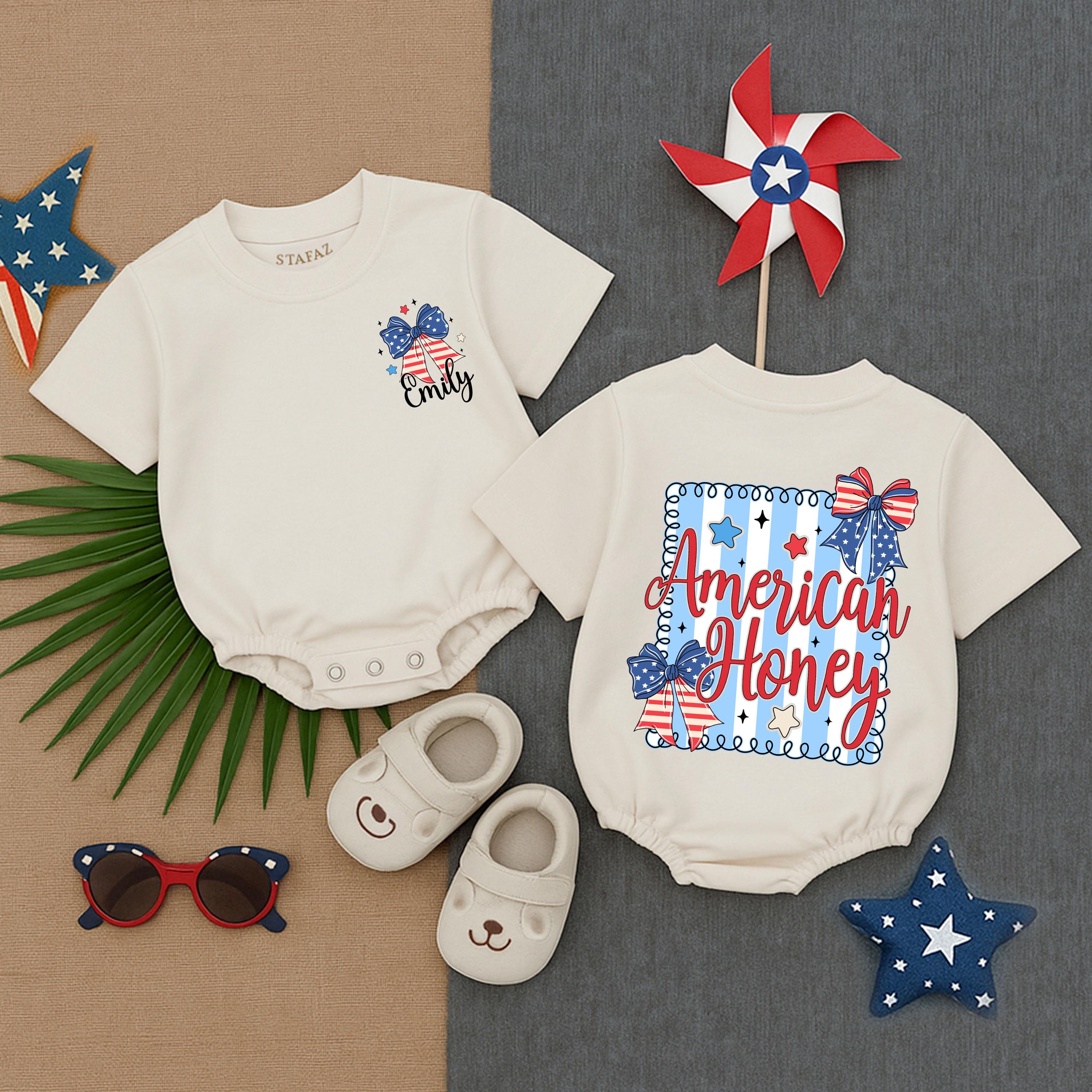 American Honey Baby Girl Romper Fourth of July Outfit Patriotic Stars Bows Red White Blue Summer Infant Girl Clothes Soft Cotton