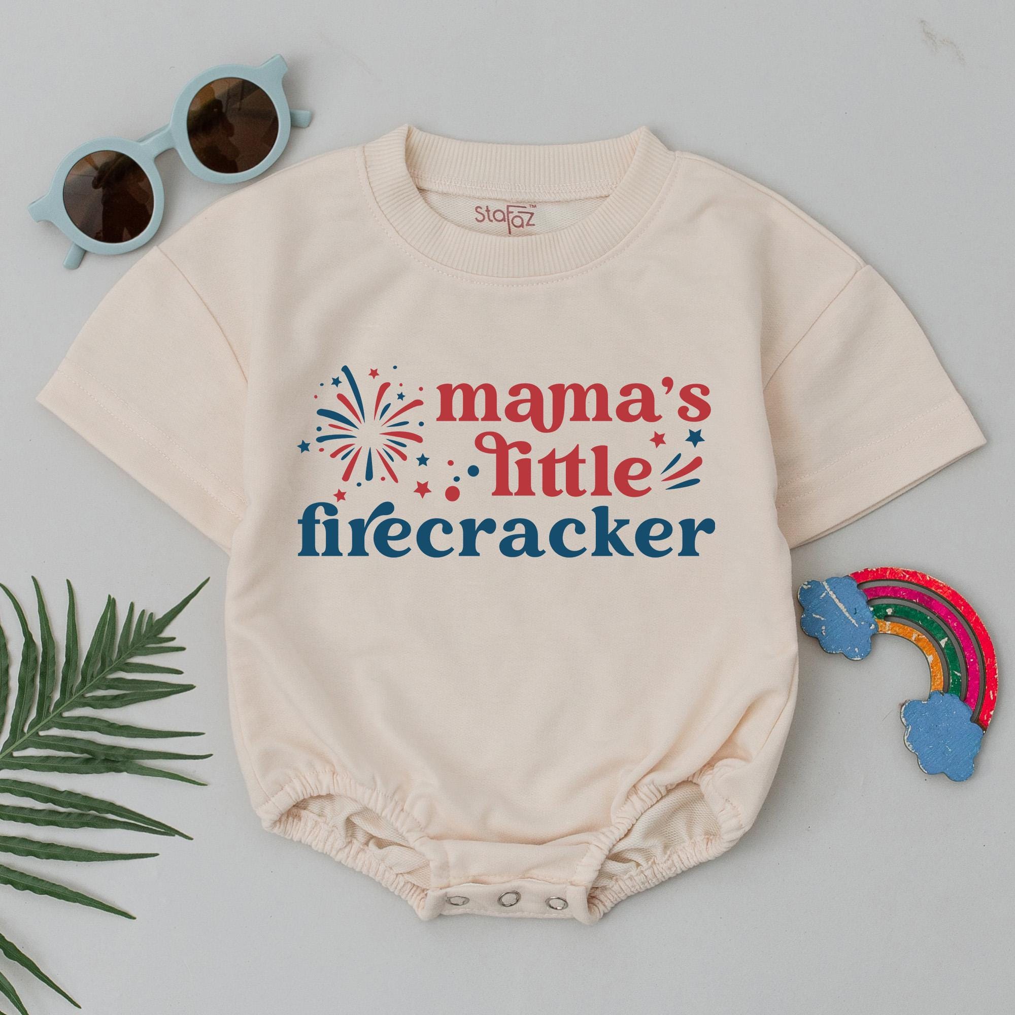 Mama's Little Firecracker Baby Romper for 4th of July Festive Patriotic Outfit Red White Blue Independence Day Infant Gift