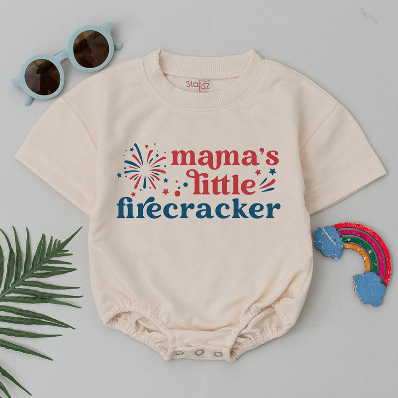 Mama's Little Firecracker Baby Romper for 4th of July Festive Patriotic Outfit Red White Blue Independence Day Infant Gift