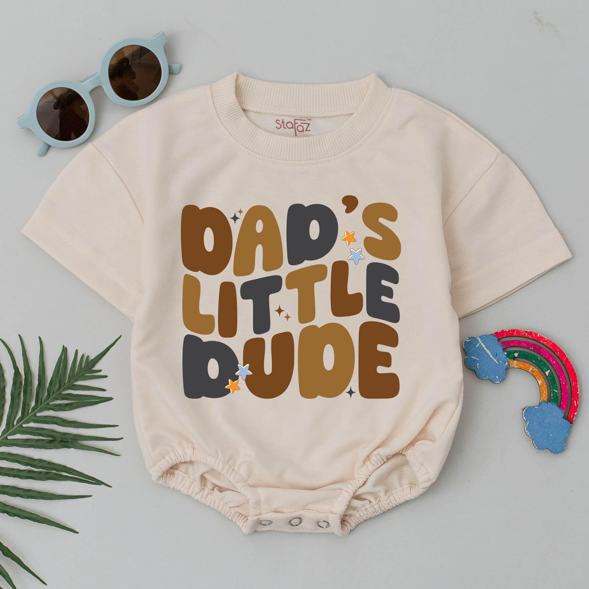 Dad's Little Dude Romper for Baby Boy First Father's Day Soft Cotton Outfit Earthy Tones with Stars Fun Gift New Dad Celebration