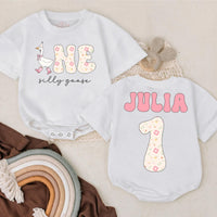Personalized First Birthday Romper Floral Silly Goose Design Custom Name Baby Girl Outfit Soft Pastel Infant Party Clothes Gift