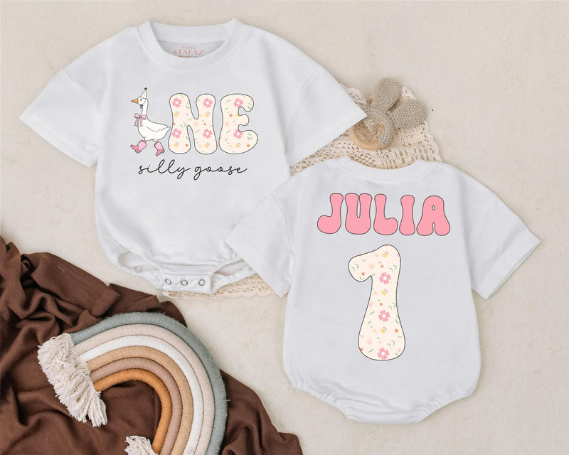Personalized First Birthday Romper Floral Silly Goose Design Custom Name Baby Girl Outfit Soft Pastel Infant Party Clothes Gift