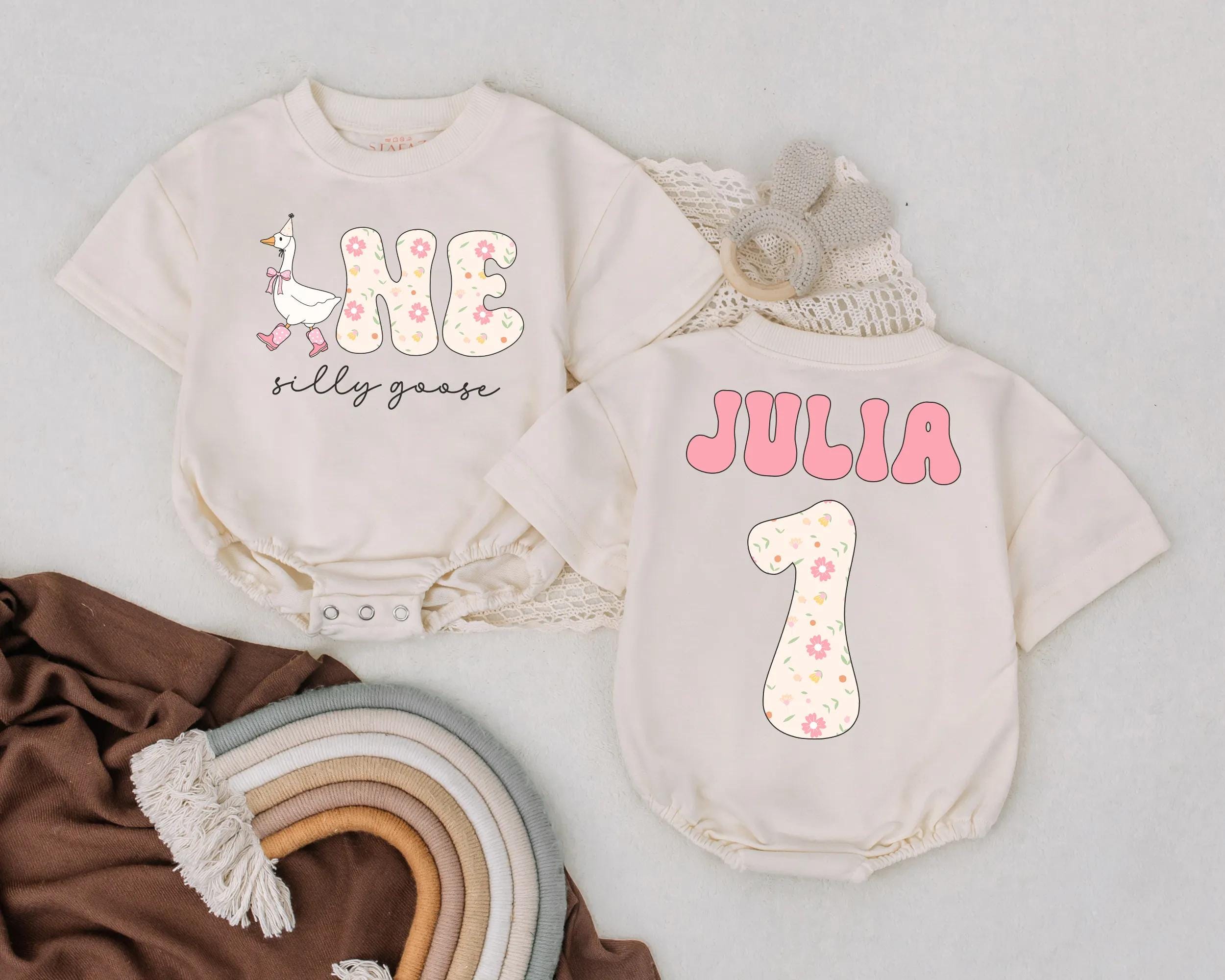 Personalized First Birthday Romper Floral Silly Goose Design Custom Name Baby Girl Outfit Soft Pastel Infant Party Clothes Gift