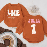 Personalized First Birthday Romper Floral Silly Goose Design Custom Name Baby Girl Outfit Soft Pastel Infant Party Clothes Gift