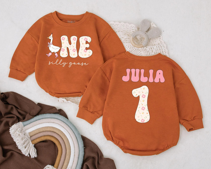 Personalized First Birthday Romper Floral Silly Goose Design Custom Name Baby Girl Outfit Soft Pastel Infant Party Clothes Gift