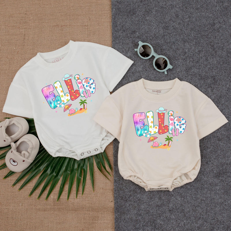 Custom Ellie Romper with Pink Flamingo Beach Design Baby Girl Summer Outfit Playful Patterns Personalized Gift