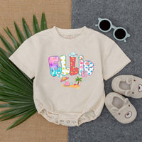 Custom Ellie Romper with Pink Flamingo Beach Design Baby Girl Summer Outfit Playful Patterns Personalized Gift