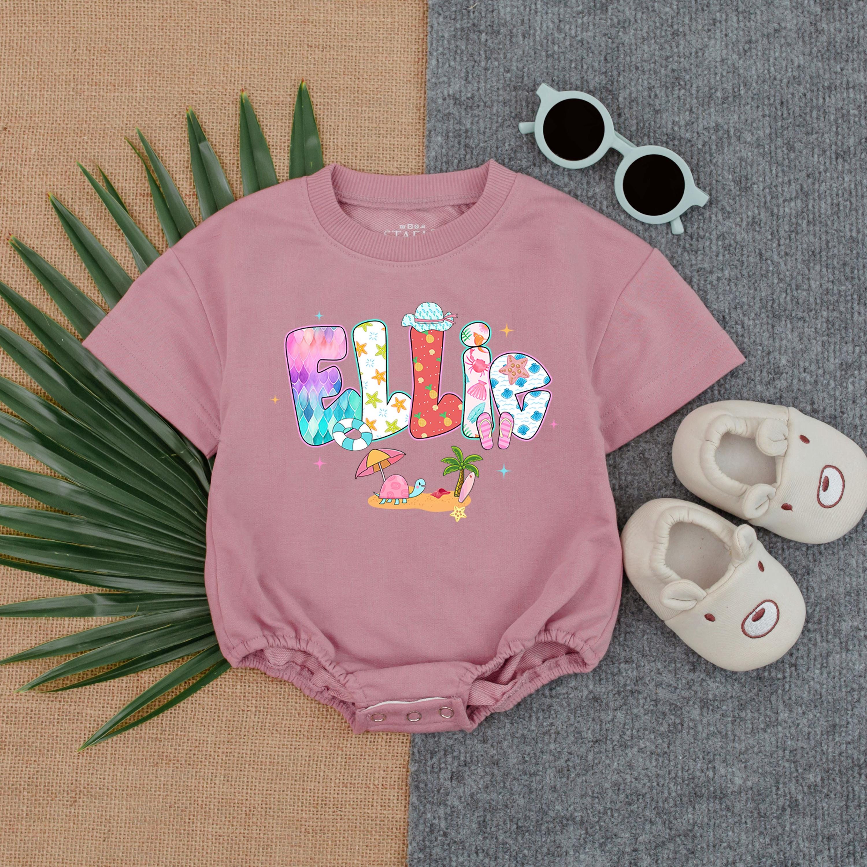 Custom Ellie Romper with Pink Flamingo Beach Design Baby Girl Summer Outfit Playful Patterns Personalized Gift