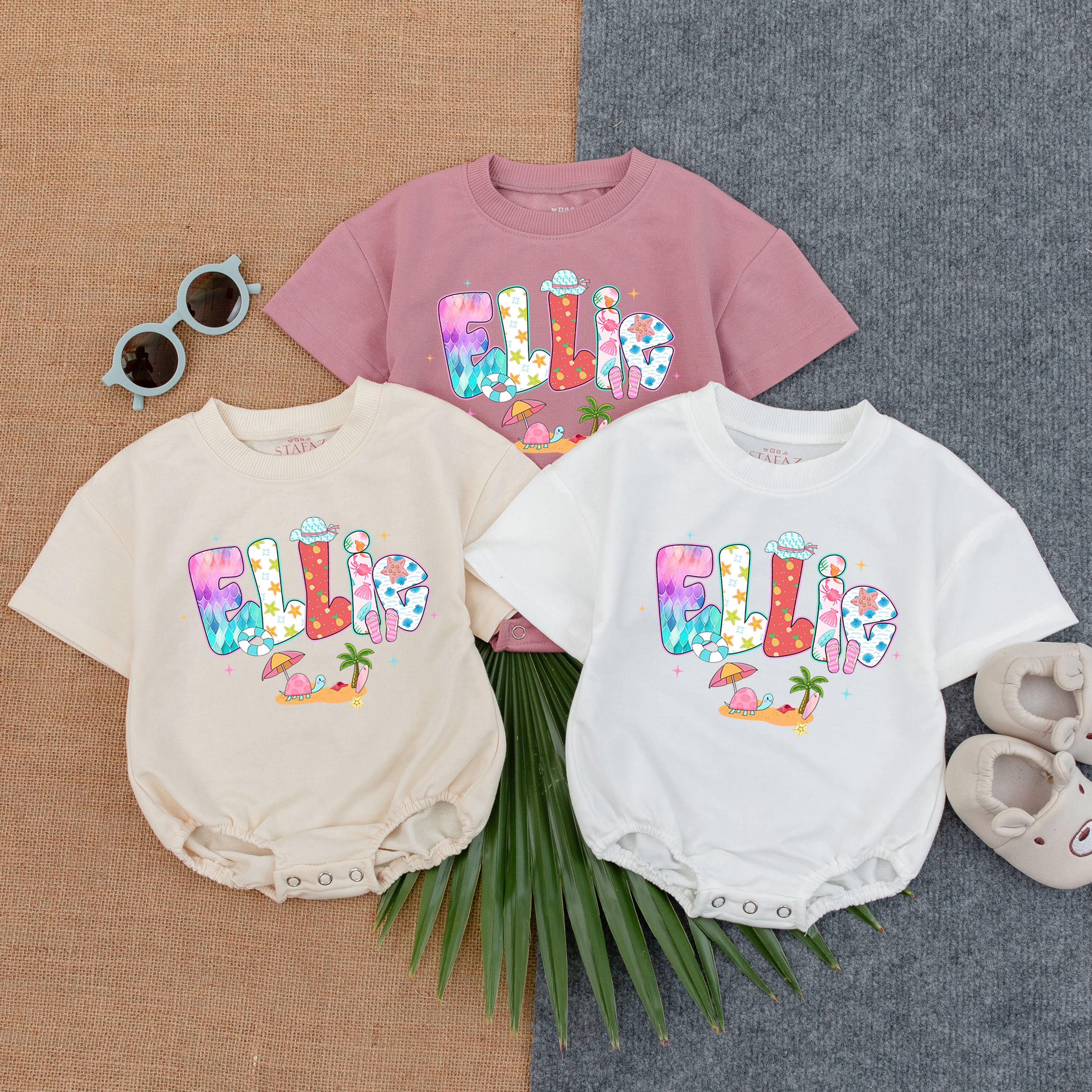 Custom Ellie Romper with Pink Flamingo Beach Design Baby Girl Summer Outfit Playful Patterns Personalized Gift