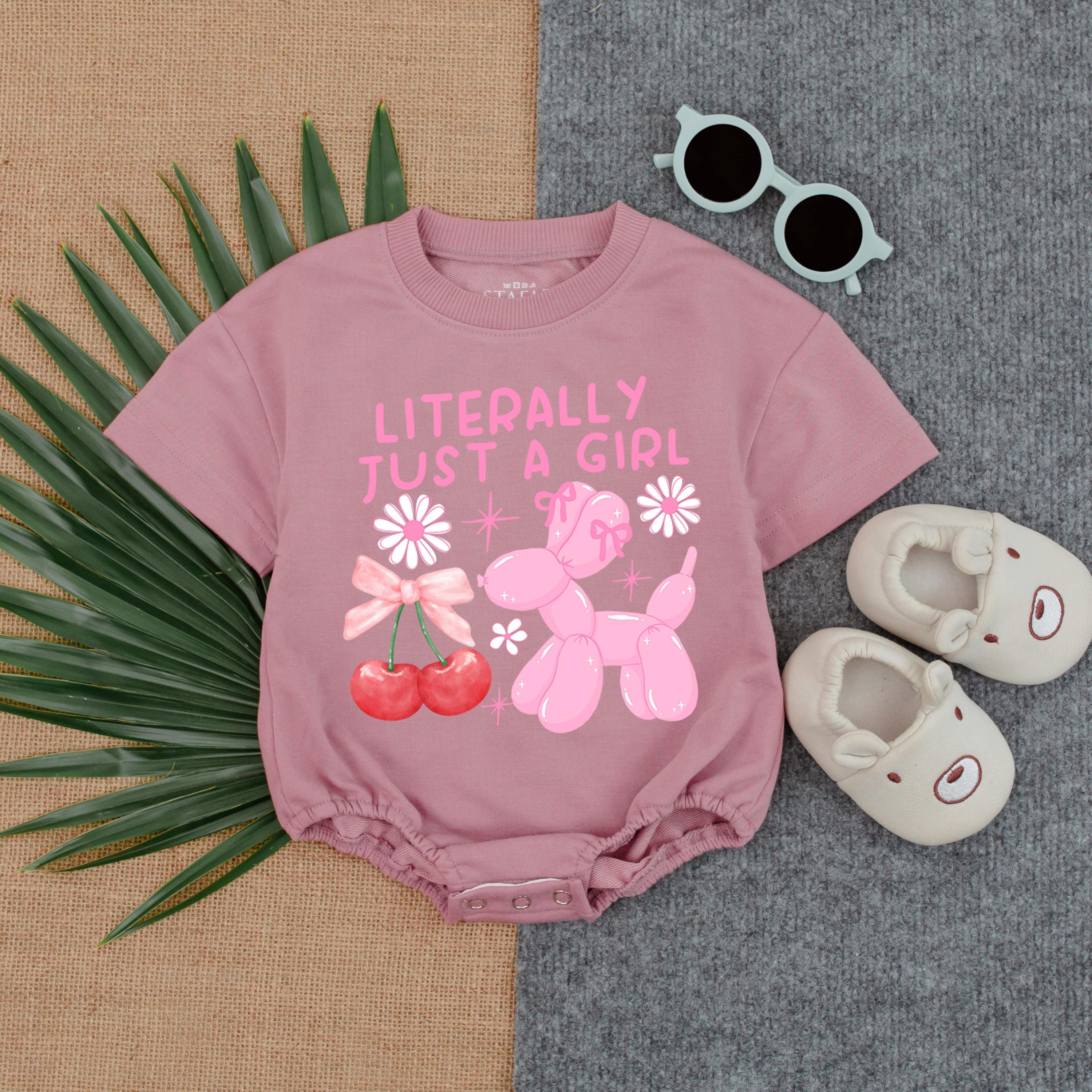 Literally Just A Girl Long Sleeve Bubble Romper with Pink Balloon Animals for Baby Girl Cute Toddler Outfit Fun Fall Style Gift