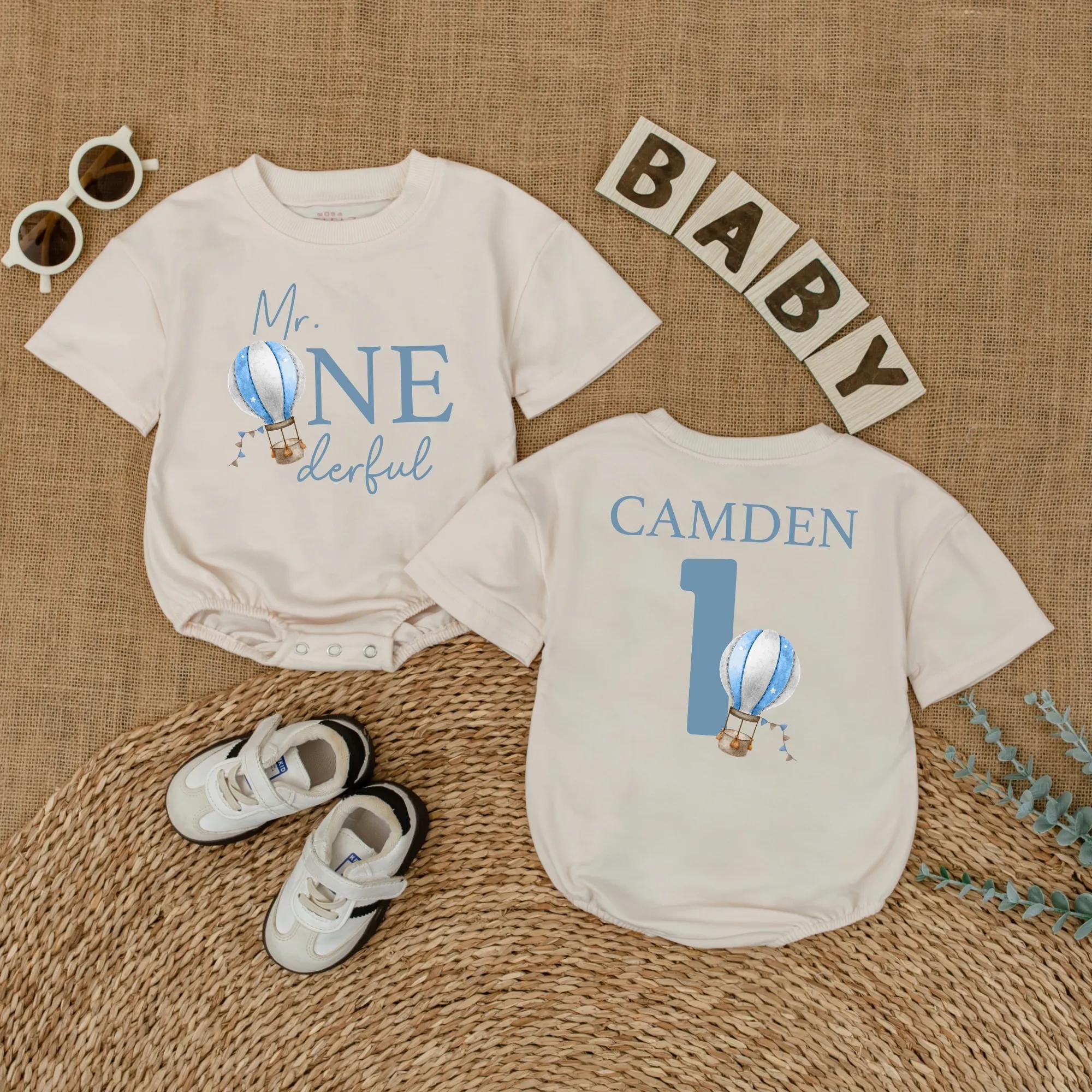 Custom Mr. ONEderful Hot Air Balloon Baby Romper First Birthday Outfit for Boys Personalized with Name Camden Soft Blue Design