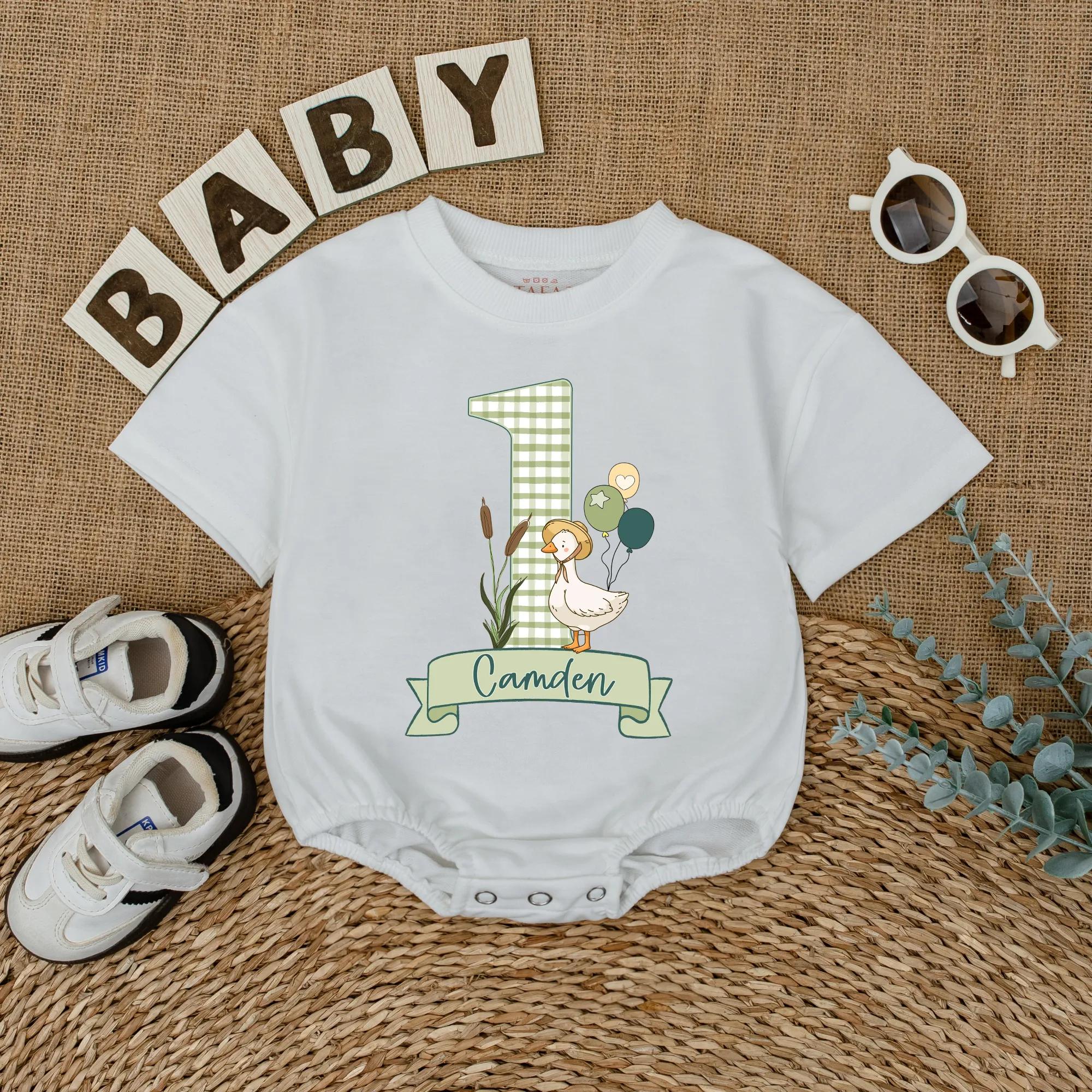Personalized Baby First Birthday Romper with Goose and Balloons Soft Green Camden Name Outfit Gift Cute Infant Celebration Clothes
