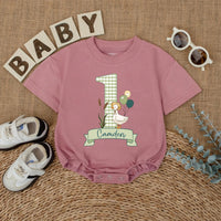 Personalized Baby First Birthday Romper with Goose and Balloons Soft Green Camden Name Outfit Gift Cute Infant Celebration Clothes