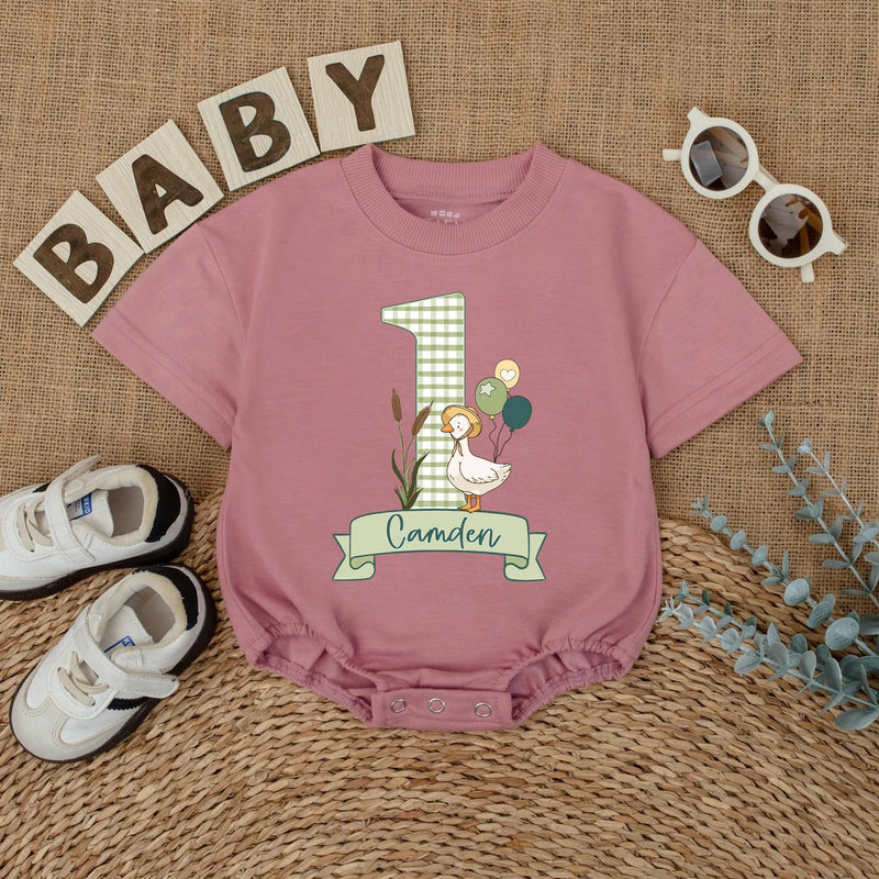 Personalized Baby First Birthday Romper with Goose and Balloons Soft Green Camden Name Outfit Gift Cute Infant Celebration Clothes