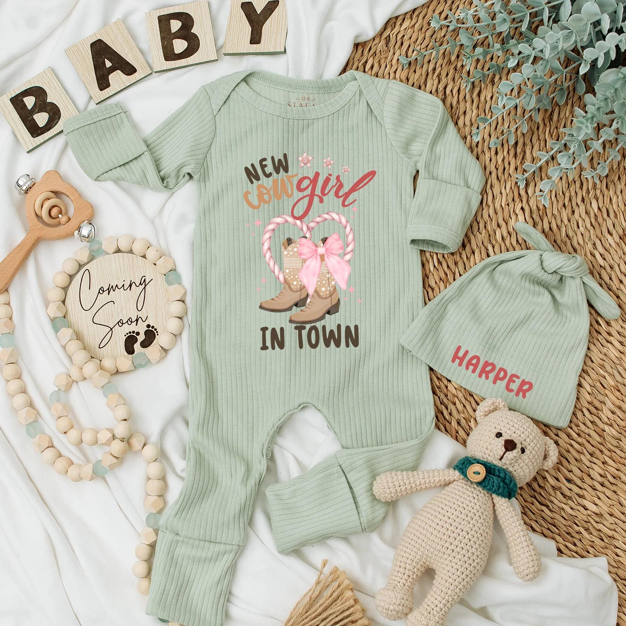Custom New Cowgirl in Town Baby Girl Bodysuit Cute Western Cowboy Boots Outfit Personalized Name Gift Soft Pastel Baby Shower Present