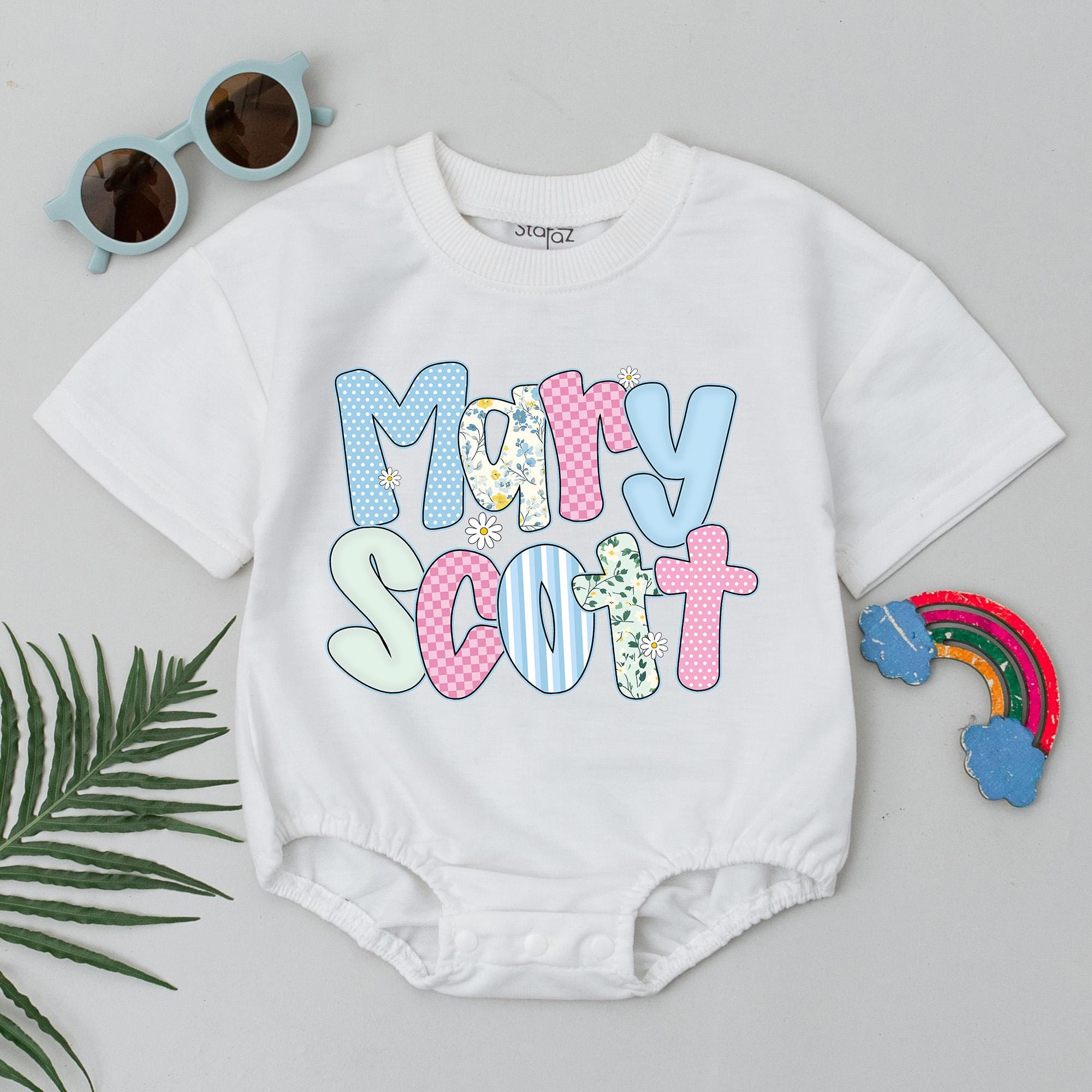 Custom Name Baby Romper Pastel Floral Letters Birthday Outfit Soft Cotton Summer Bodysuit Cheerful Gift for Infant Shower