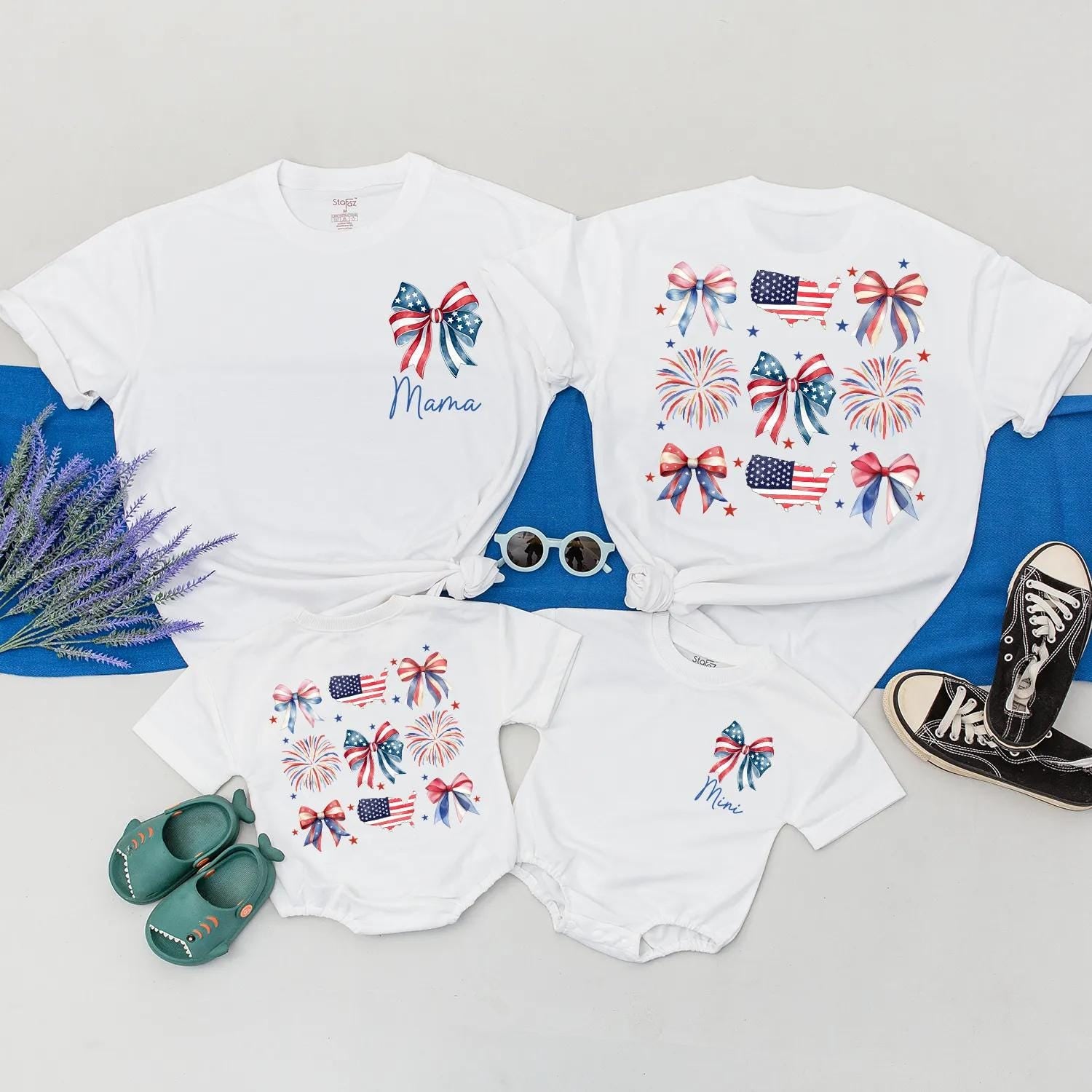 Patriotic Mama and Baby Matching Outfits Red White Blue Fireworks Family Shirts USA Romper Celebrate 4th of July Independence Day