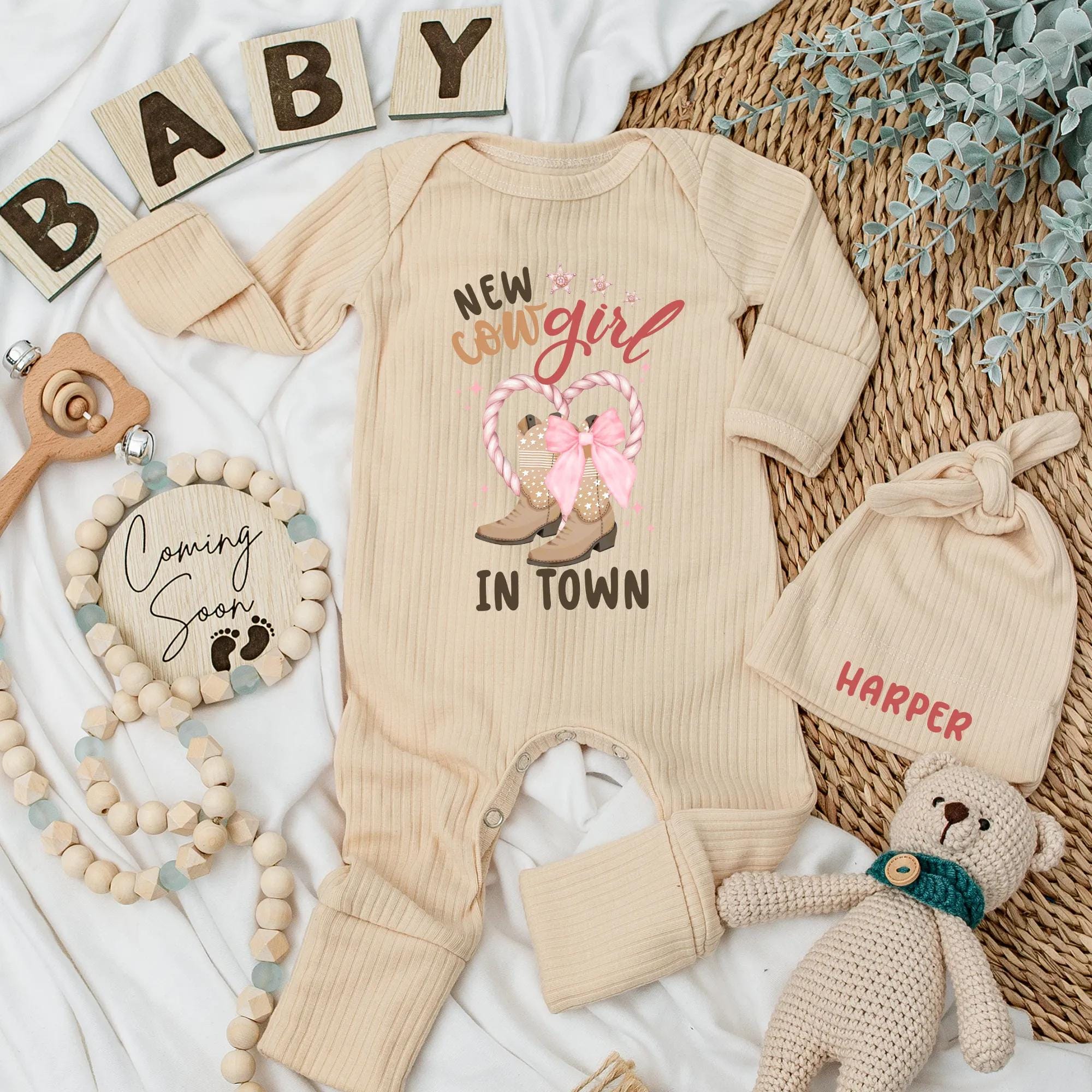 Custom New Cowgirl in Town Baby Girl Bodysuit Cute Western Cowboy Boots Outfit Personalized Name Gift Soft Pastel Baby Shower Present