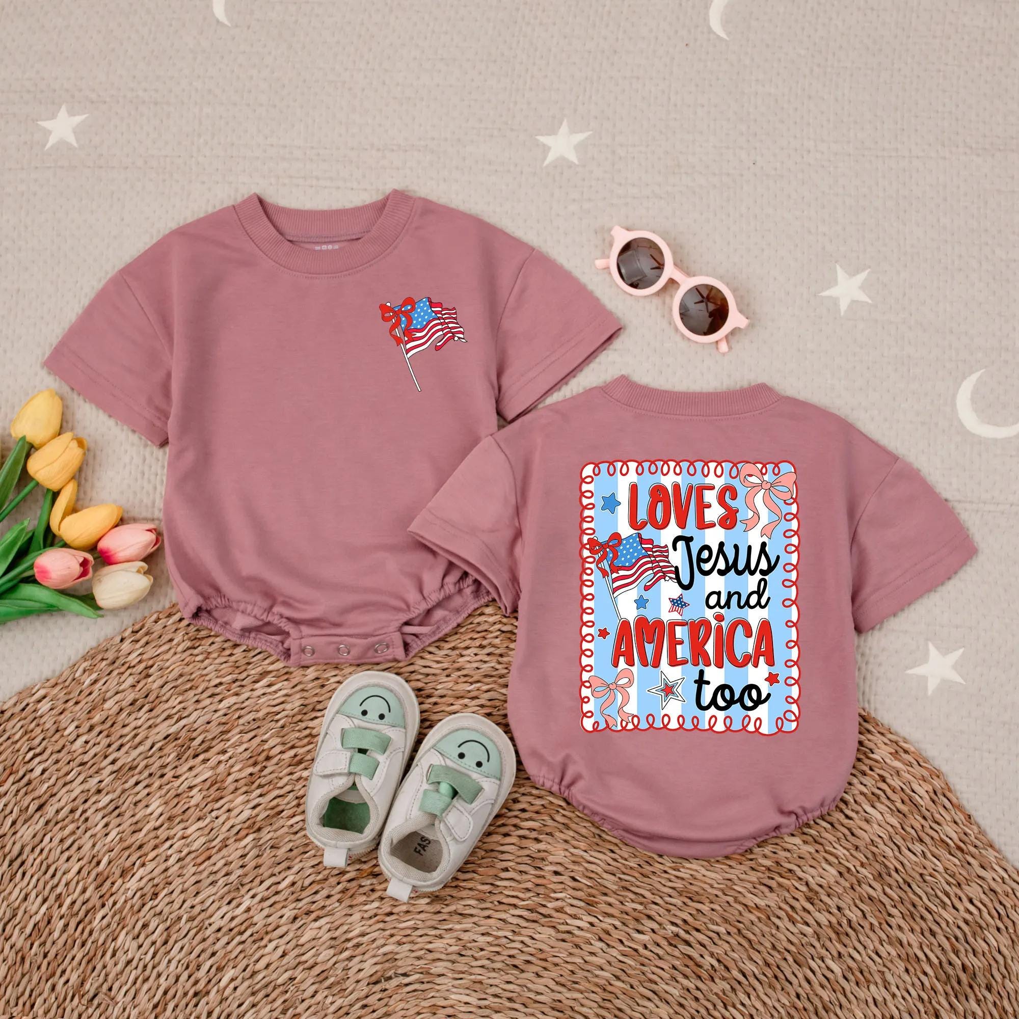 Loves Jesus and America Too Baby Girl Romper Soft Cotton 4th of July Outfit Patriotic Christian Gift Infant Toddler Summer Clothes