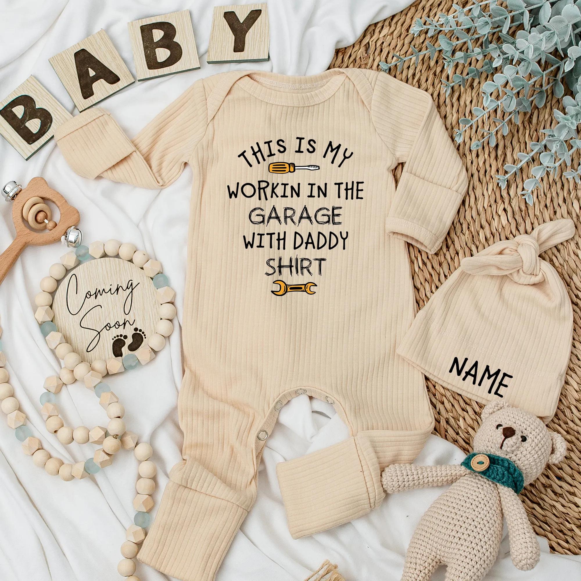 Workin in the Garage with Daddy Baby Bodysuit Funny Newborn Outfit Cute New Dad Gift Yellow Tools Black Font Baby Shower Present