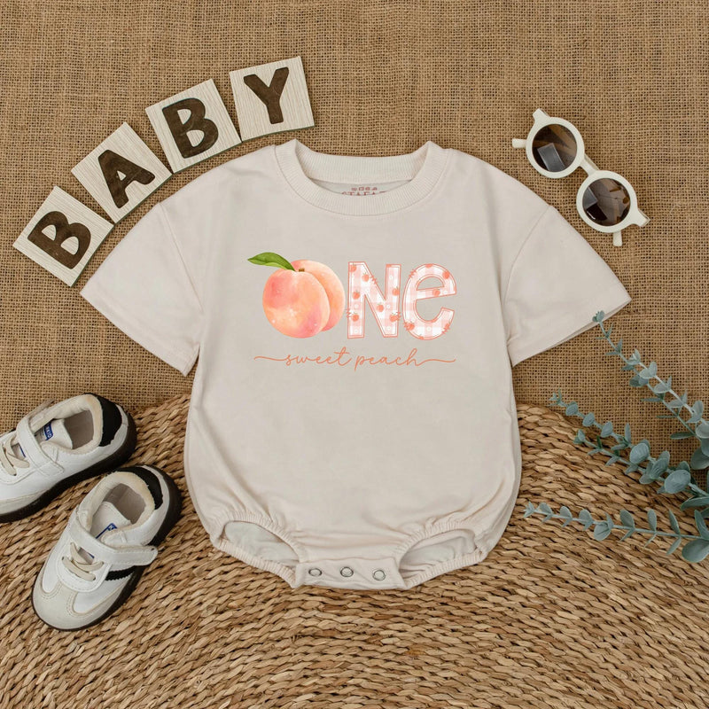 Personalized One Sweet Peach Birthday Romper Baby Girl First Birthday Party Outfit Soft Cotton Peach Lover Gift with Custom Name