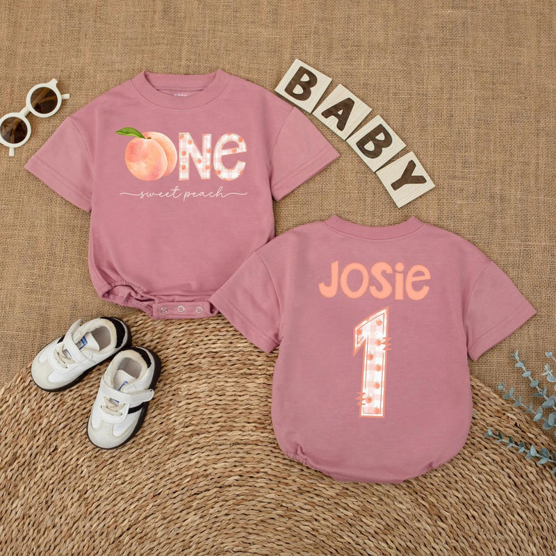 Personalized One Sweet Peach Birthday Romper Baby Girl First Birthday Party Outfit Soft Cotton Peach Lover Gift with Custom Name