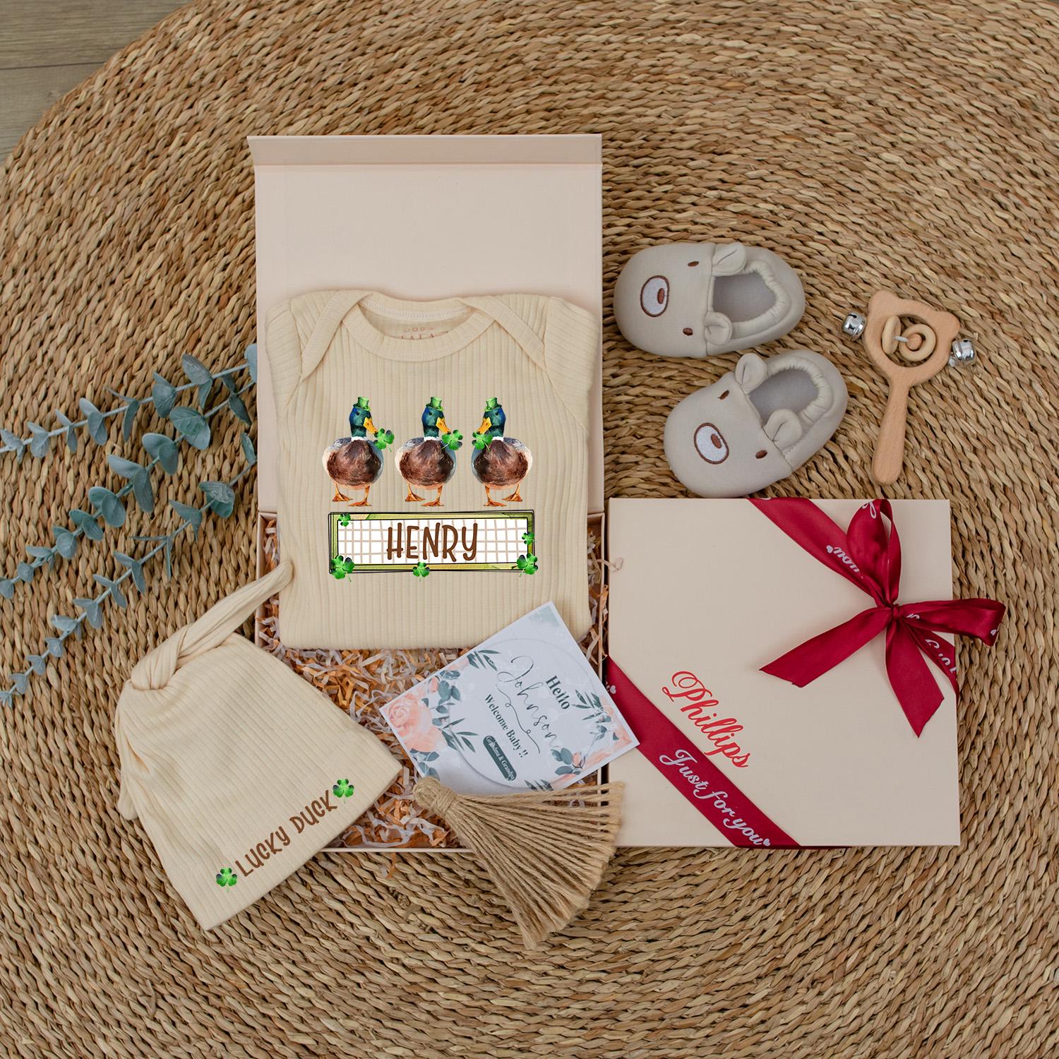 Custom Baby Bodysuit Set with Mallard Duck Design Personalized Newborn Outfit Soft Cotton Green Brown Hunting Cap Gift