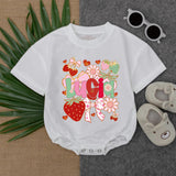 Personalized Lucia Baby Romper with Playful Strawberries and Flowers Design Infant Girl Gift Idea Cotton Comfort Bow Details