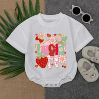 Personalized Lucia Baby Romper with Playful Strawberries and Flowers Design Infant Girl Gift Idea Cotton Comfort Bow Details