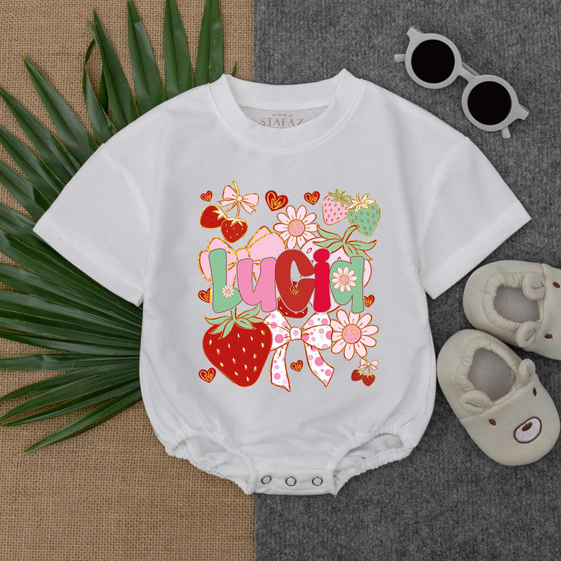 Personalized Lucia Baby Romper with Playful Strawberries and Flowers Design Infant Girl Gift Idea Cotton Comfort Bow Details