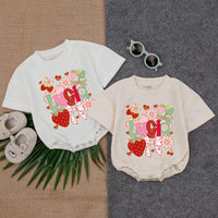 Personalized Lucia Baby Romper with Playful Strawberries and Flowers Design Infant Girl Gift Idea Cotton Comfort Bow Details