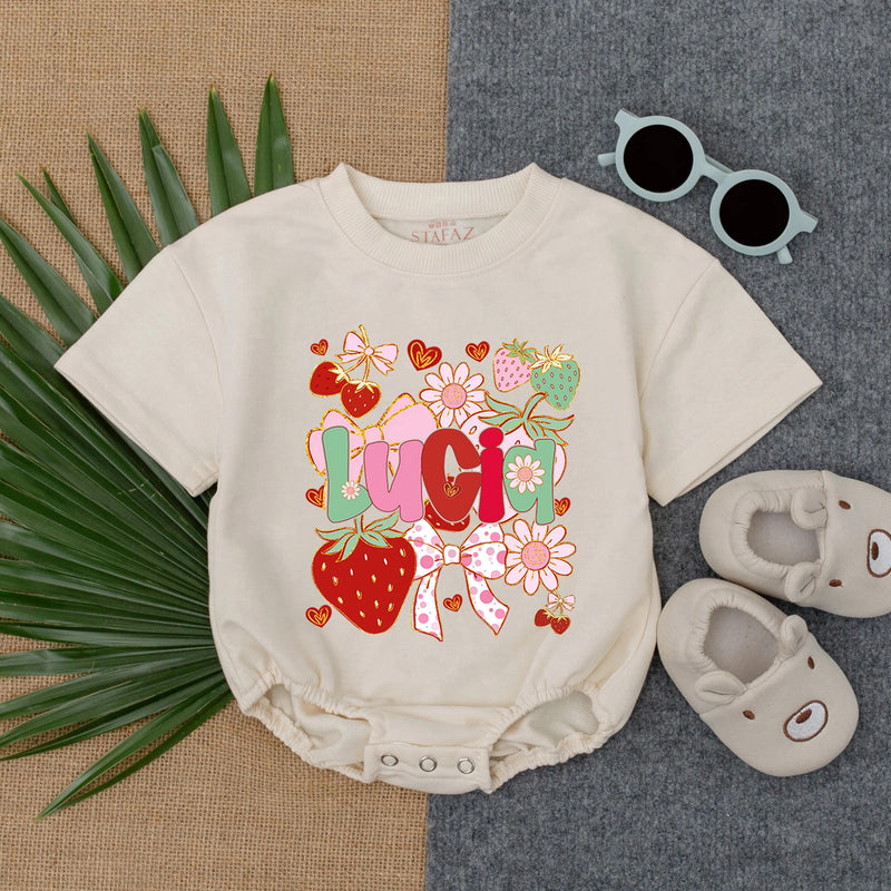 Personalized Lucia Baby Romper with Playful Strawberries and Flowers Design Infant Girl Gift Idea Cotton Comfort Bow Details