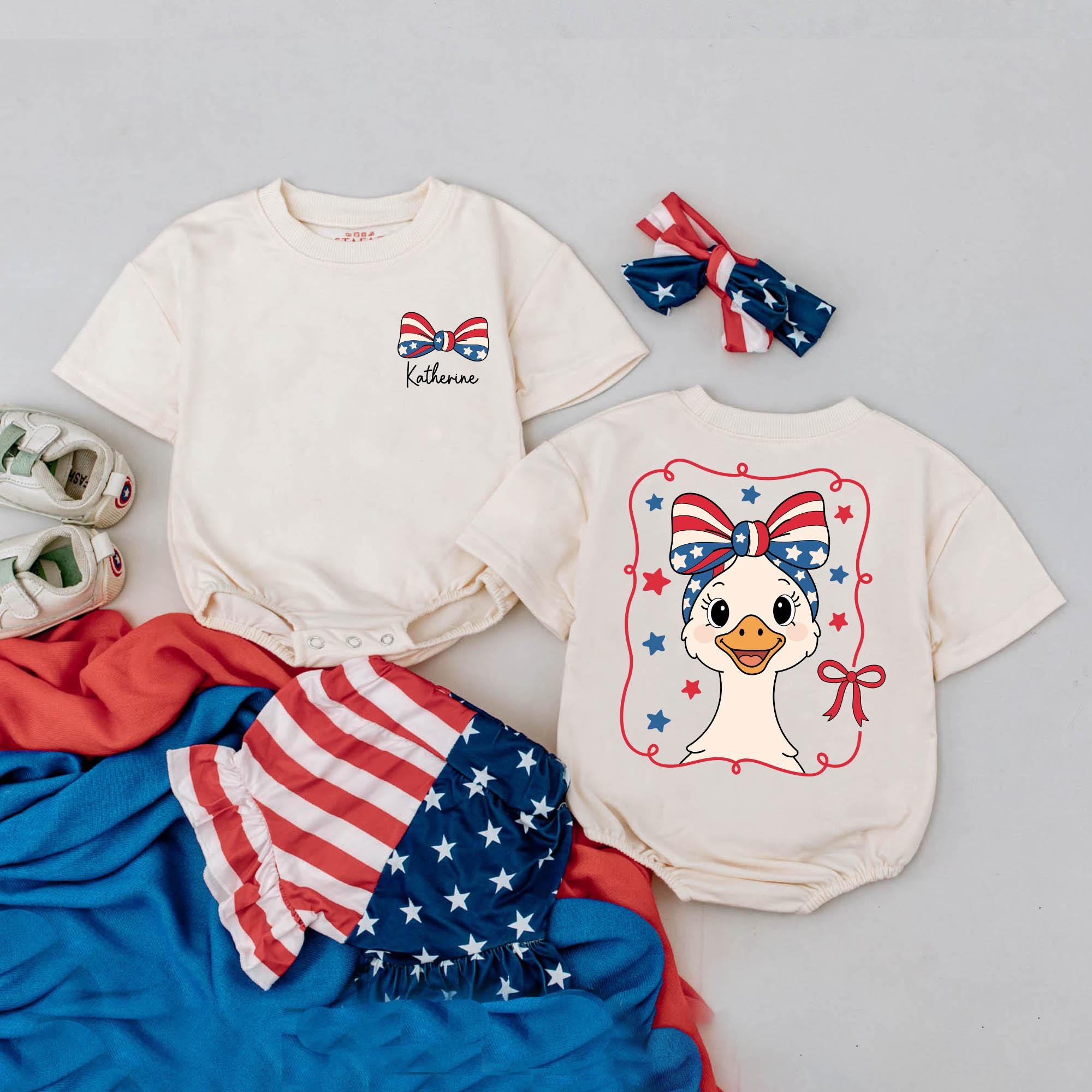 Personalized 4th of July Goose Romper for Baby Girls Patriotic Bow Outfit Independence Day Custom Name Gift