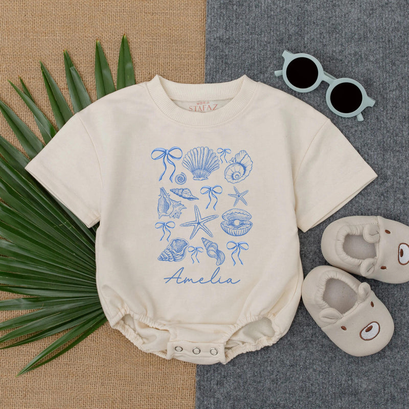 Personalized Seashell Baby Romper with Name, Short Sleeve Ocean-Themed Bodysuit for Summer, Soft Cotton Beach Outfit for Babies and Toddlers